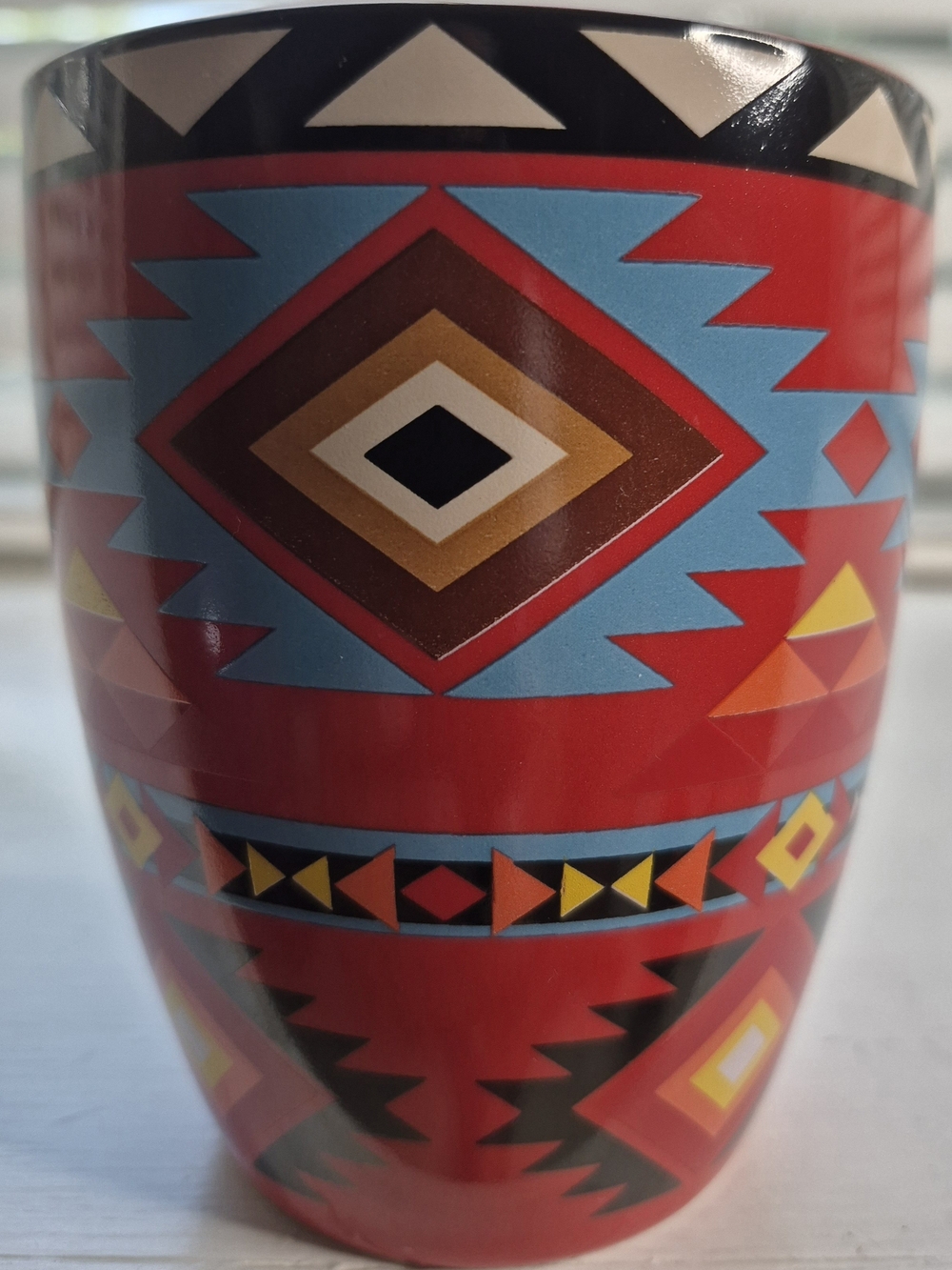 Black Geometric Aztec Pattern Ceramic Mug - Blue & Red Accent - Picture 6 of 11